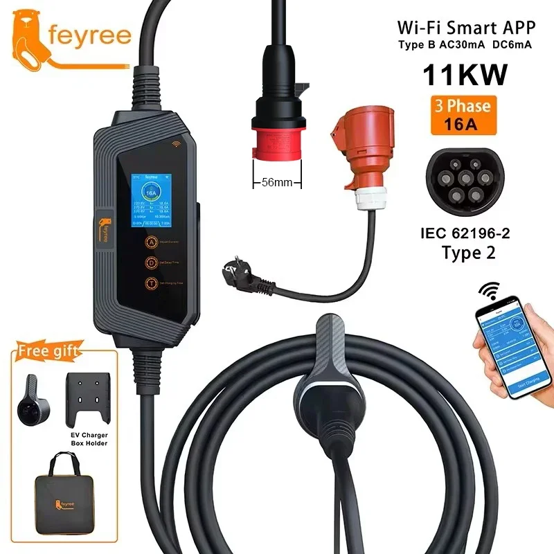 feyree 11KW 16A 3Phase Type2 P - Type 2 Portable Ev Charger 11Kw Cee recension och pris