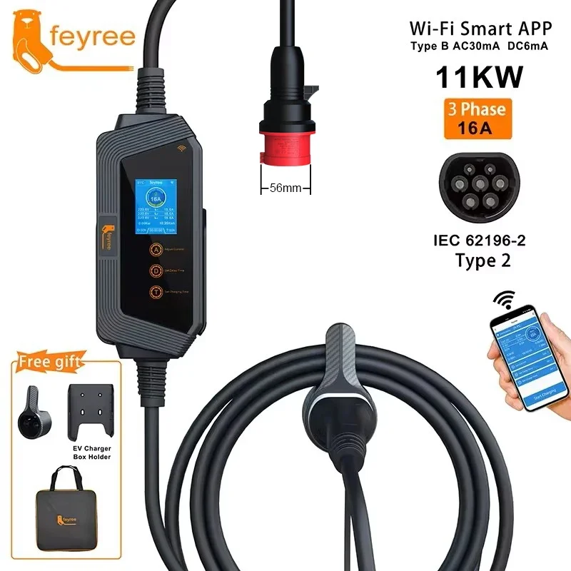 feyree 11KW 16A 3Phase Type2 P - Type 2 Portable Ev Charger 11Kw Cee recension och pris